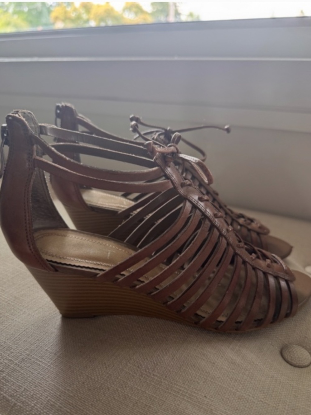 LOFT Leather Lace-Up Gladiator Wedge Sandals | Cognac Brown | Size 8.5